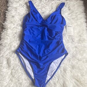 NWT Buauty Royal Blue Wrap Front Ruched Sides One Piece V-Neck Swimsuit M